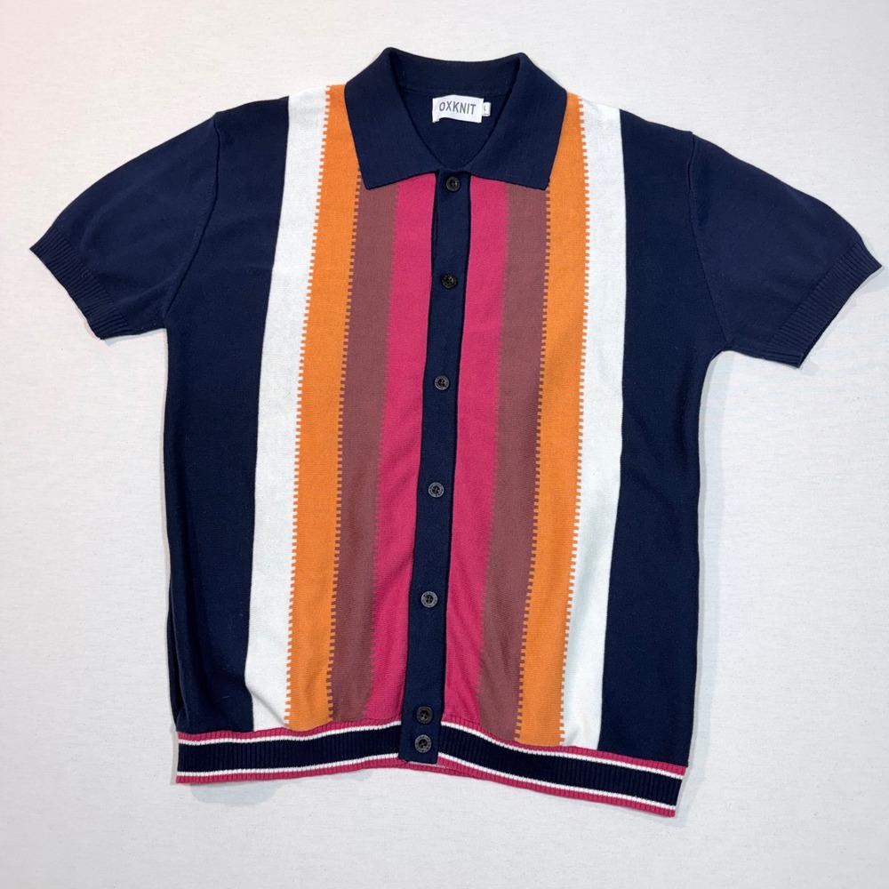OXKNIT Button Up Polo Mens L Navy Multi Knit Striped Short Sleeve